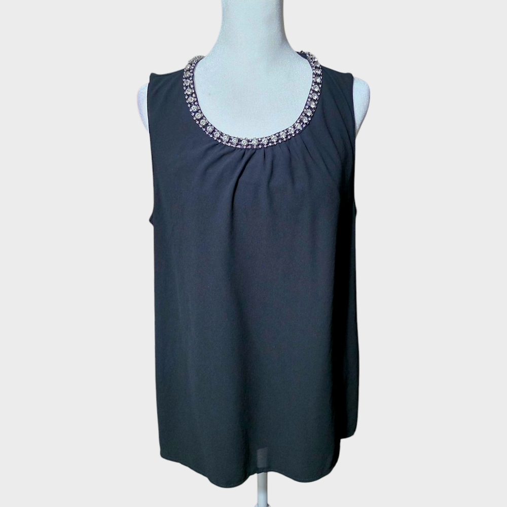 NWT Tesoro Moda Elegant Black Sleeveless Top w/ Embellished Neckline Medium